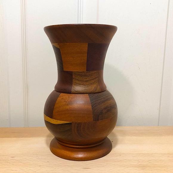 Vintage Handcrafted Inlaid Wood Brown Tan Parquetry Vase - Picture 2 of 10